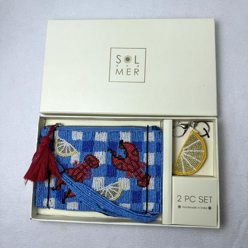 Sol And Mer Lobster Beaded Wristlet Clutch Purse Pouch Lemon Keychain Charm READ